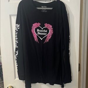 Beautiful Disaster Women's Black Long Sleeve Tee with Pink Winged Heart